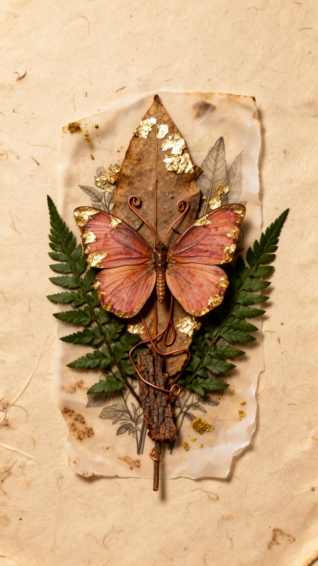Pressed-leaf and gold-leaf butterfly sculpture by Viridiana Herrada